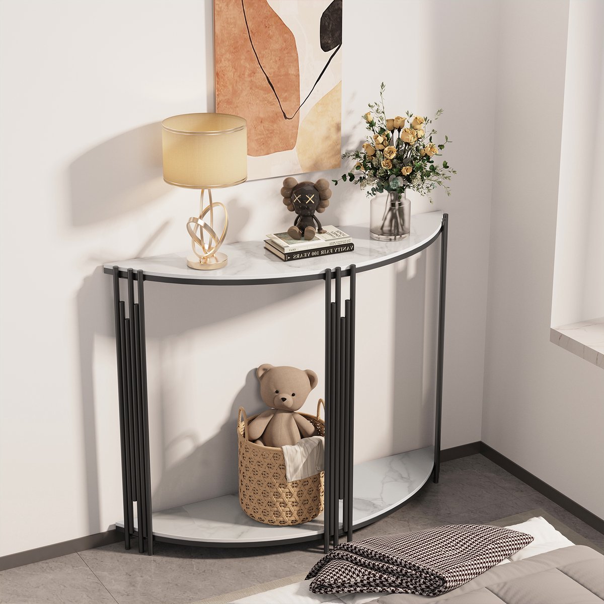 FATIVO Consoletafel - Halfmaan Wandtafel - Haltafel - 100x30x78cm - Witte marmerlook - Zwart Metaal Frame