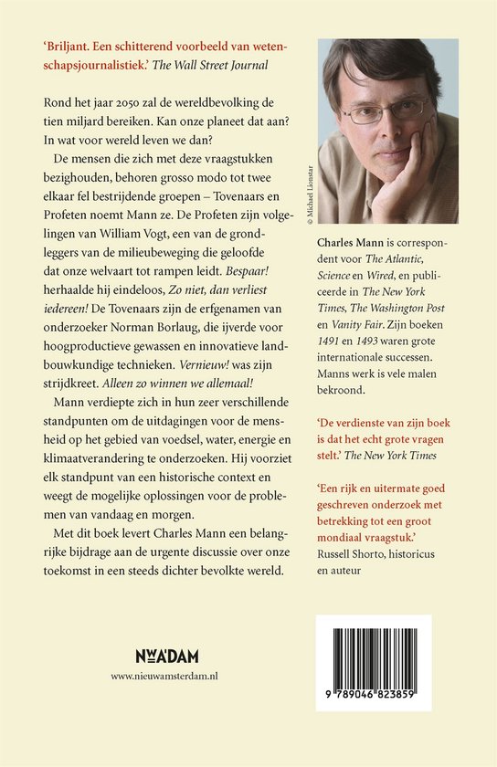 Portret van Charles Mann, auteur van 'De Tovenaar en de Profeet', met tekstuele beschrijving en recensies.