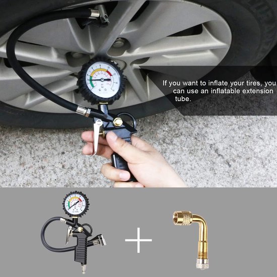 Allecta - Multifunctionele luchtdrukmeter voor bandenspanning tot 220 psi (15 bar) met ventielkern gereedschap - compressor accessoires zwart — afbeelding 2