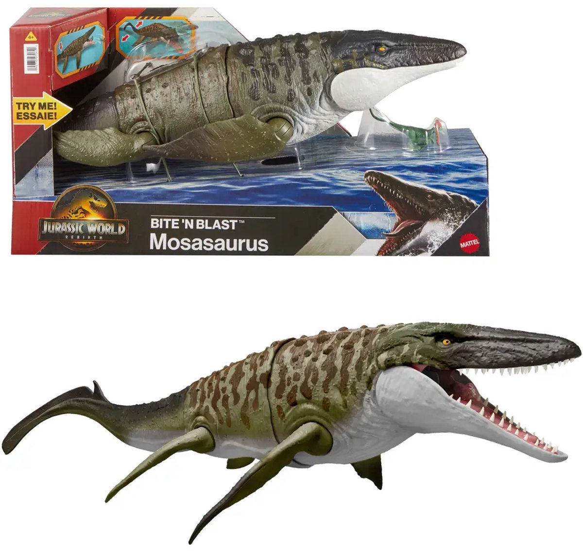 Jurassic World Rebirth Bijtende en Explosieve Mosasaurus, actiefiguur en mini-Dilophosaurus, dinosaurusspeelgoed met kaken die ver open kunnen, beweegbaar, ziet eruit als in de film — afbeelding 13