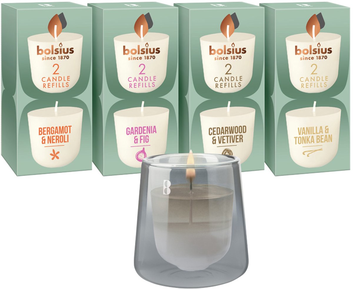 Bolsius CleanLight - Grijs - Houder en navulbare Geurkaarsen - Starterkit - Met 9 gegeurde Refills