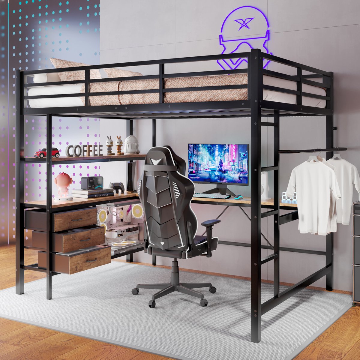 MODFU Ledikant 140x200 cm – Hoogslaper met LED, bureau en 3 laden – Metaal en MDF – Modern design – Zwart