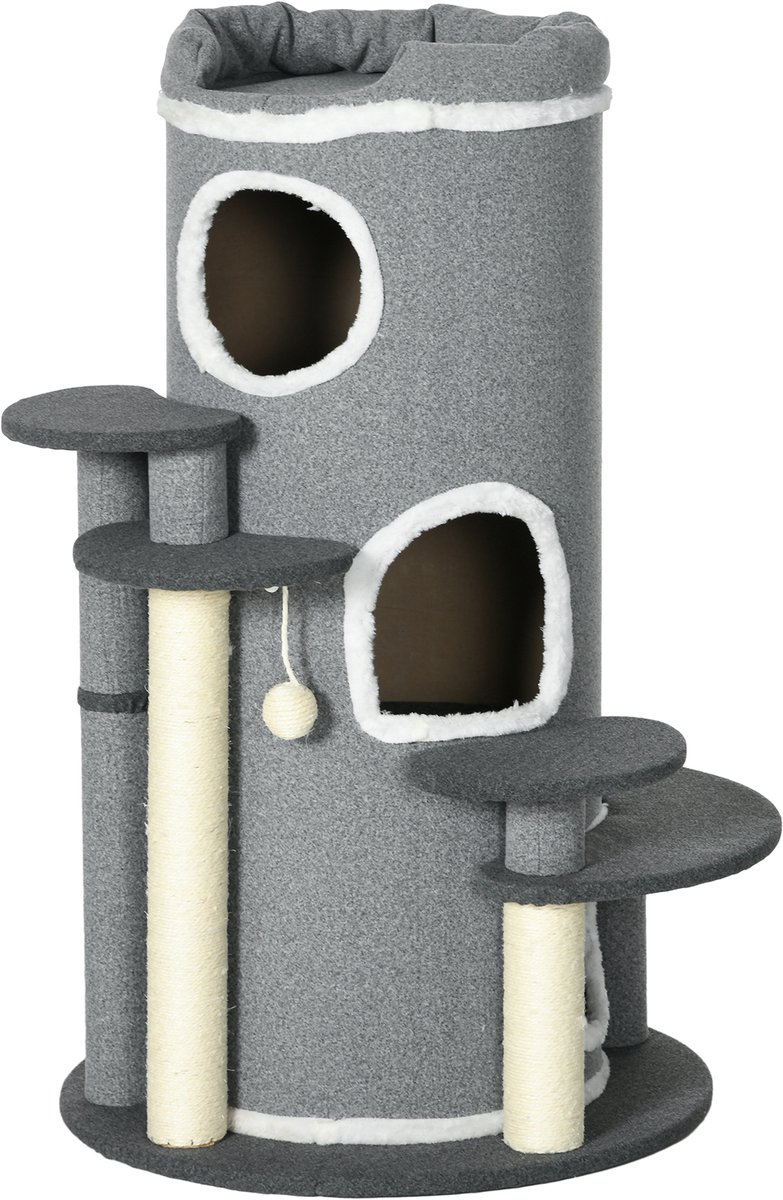 MODFU Krabpaal 99 cm van sisal en pluche, met bovenligbed, 4 ligplekken en spaanplaat constructie, grijs