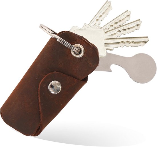 MAGATI Key Organizer - sleuteletui van leer, roestvrij staal met sleutelzoekservice, winkelwagenontgrendelaar, flesopener, profieldieptemeter, donkerbruin, 9cm x 2cm x 2cm, sleutelmapje