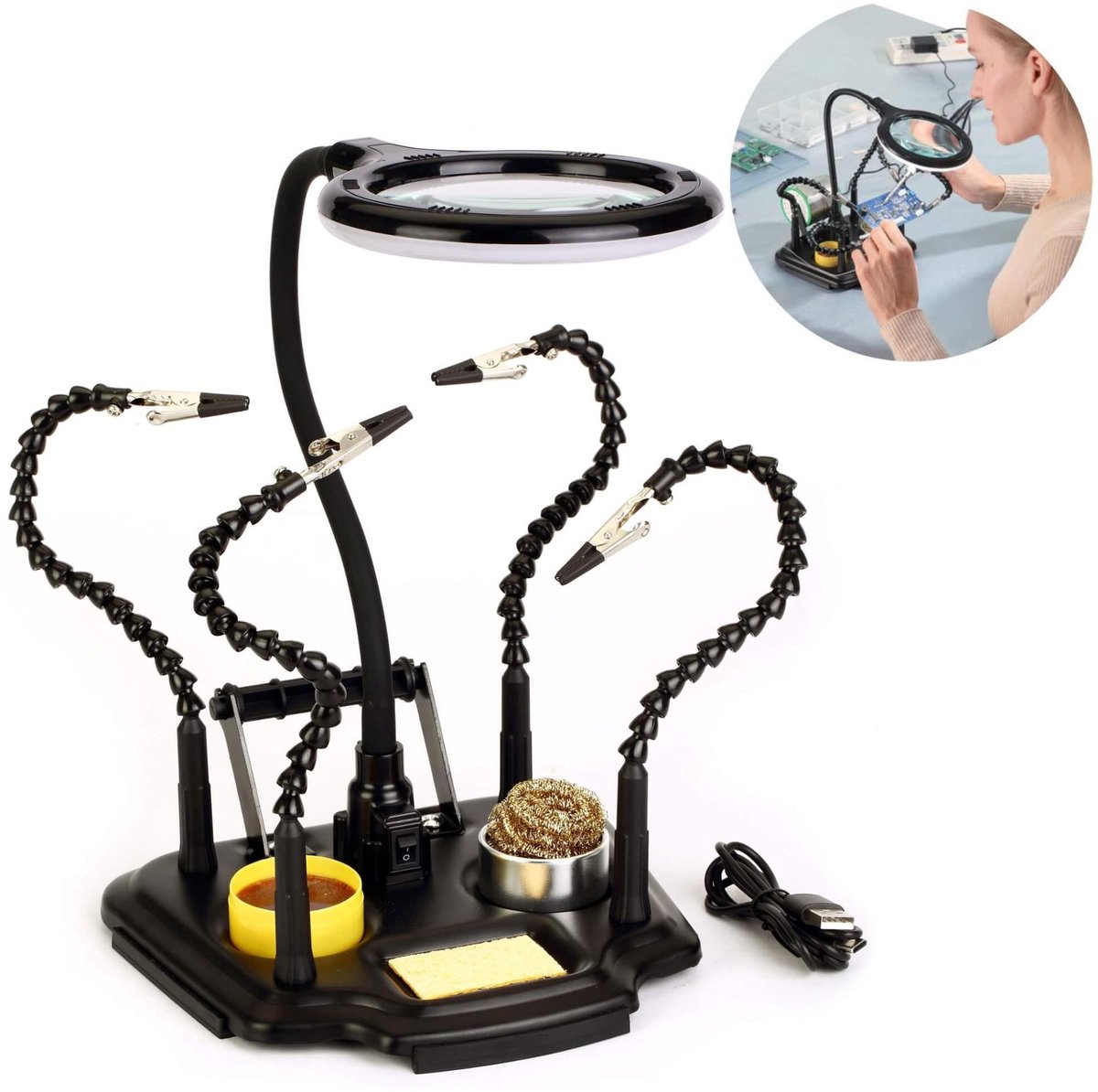 ZD-11M-3 derde hand met printplaat houder en LED vergrootlamp 5 dioptrie USB C - 4 Armen