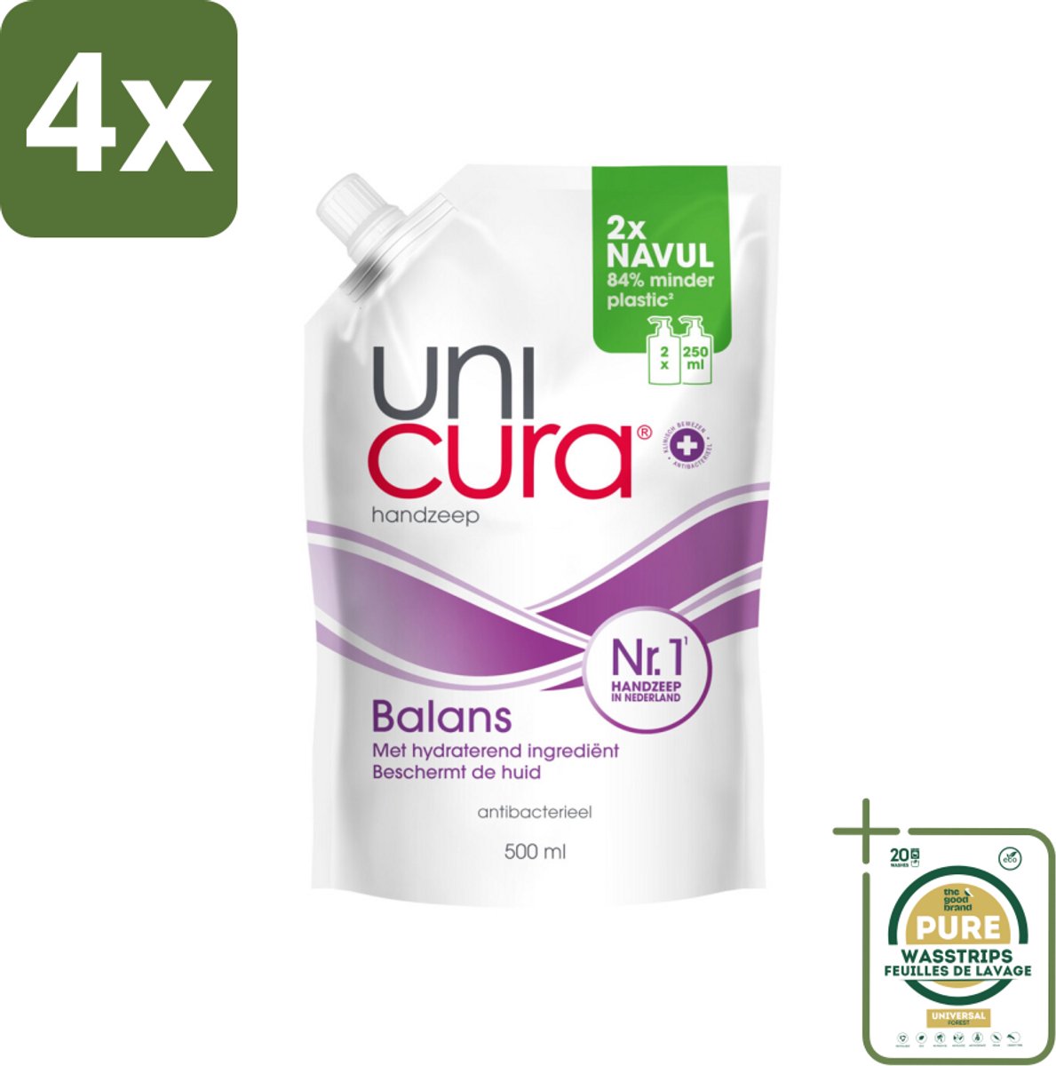 Unicura – Vloeibare Handzeep Navulling – Balans – 500 ml - Voordeelverpakking - 4 stuks - Zeepnavulling - Huidbescherming