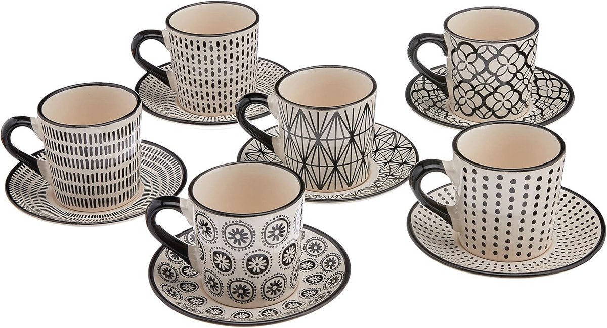Set van 6 Multifunctionele Koffiekopjes met Bord - Steengoed, Zwart en Wit, 90 cc