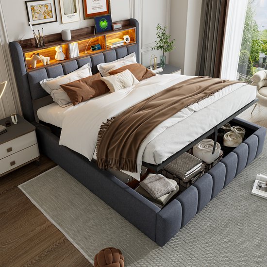 MODFU Ledikant 180x200 cm – linnen grijs – met LED, USB/Type-C en hydraulische opbergruimte – elegant design