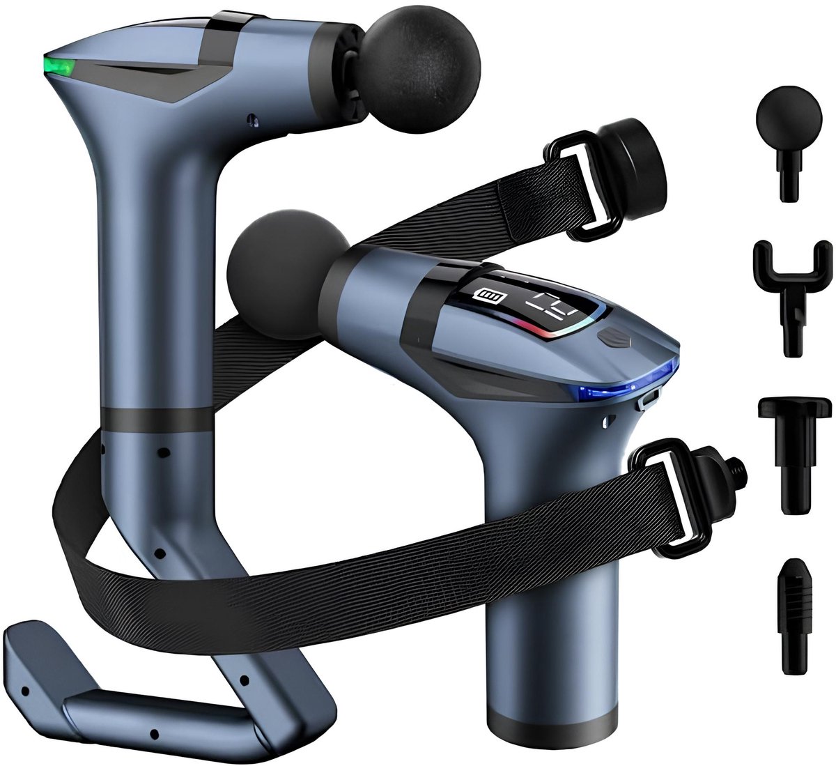 3-in-1 massagepistool - verlengde handgreep en riem - 12 versnellingen - 4 verwisselbare koppen - ideaal voor sporters, fitnesscentra, ouderenzorg - rugmassage voor de taille - verlengde handgreep - diepe weefselmassage