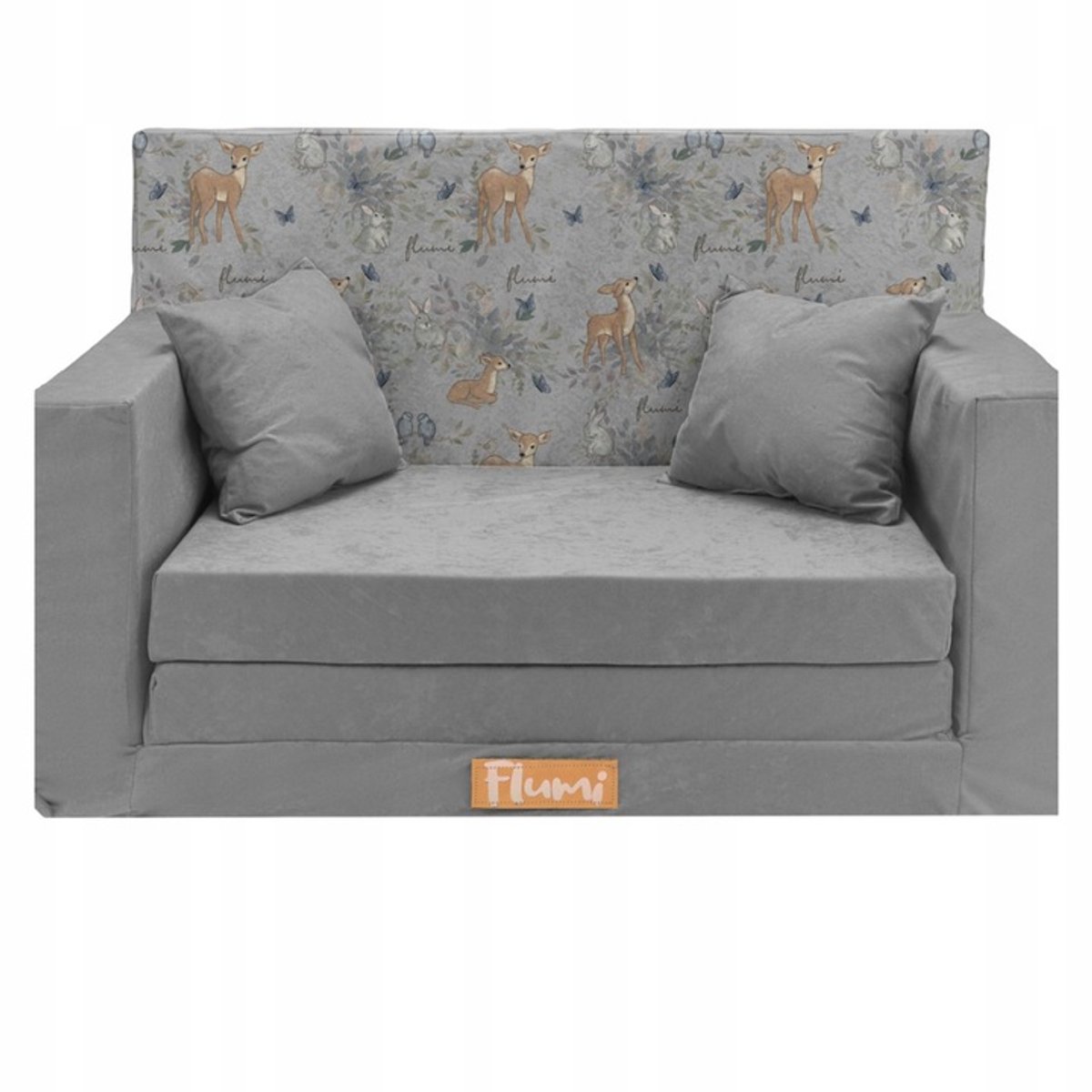 Flumi opvouwbare mini kindersofa – zachte kinderbank met uitklapfunctie en afneembare hoes, grijs + reeënmotief