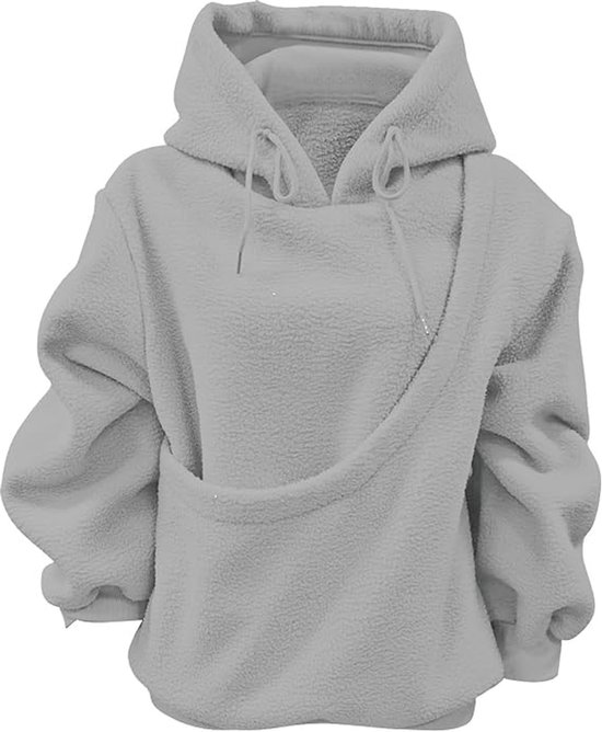 Grijze, oversized fleece hoodie met een opvallende, gebogen naad over de zak en capuchon.