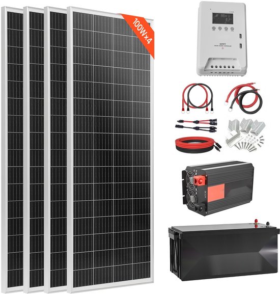 Zonnepanelen Set - Off-grid Systeem 12V 400W - 4x 100W Monokristallijne Panelen - 12,8V 200Ah LiFePO4 Accu - 40A MPPT Laadregelaar - 2000W 12V-230V Omvormer - Voor Camper Boot