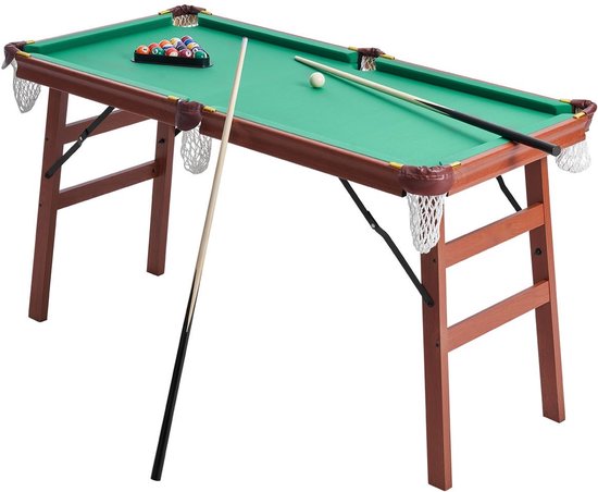 Pooltafel - Opvouwbaar Draagbaar Model - Afmeting 140 cm - Ruimtebesparend - Compleet met Ballen, Keu, Driehoek, Krijt en Borstel - Bruin met Groen Laken — afbeelding 4