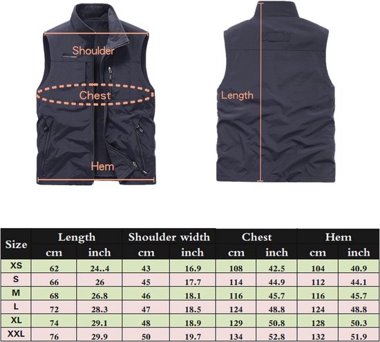 Maattabel voor een donkerblauwe bodywarmer met markeringen voor schouders, borst en zoom.