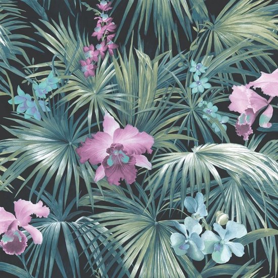 Vliesbehang - Tropische bloemenprint groen-paars-blauw | bol.com