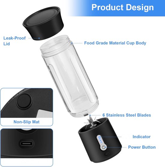 Draagbare blender 500 Ml - Portable blender - Krachtige 6 messen - Met 4000 mah - Mini blender voor shakes en proteïnedranken - Sapcentrifuge - Zwart van Merkloos — afbeelding 2