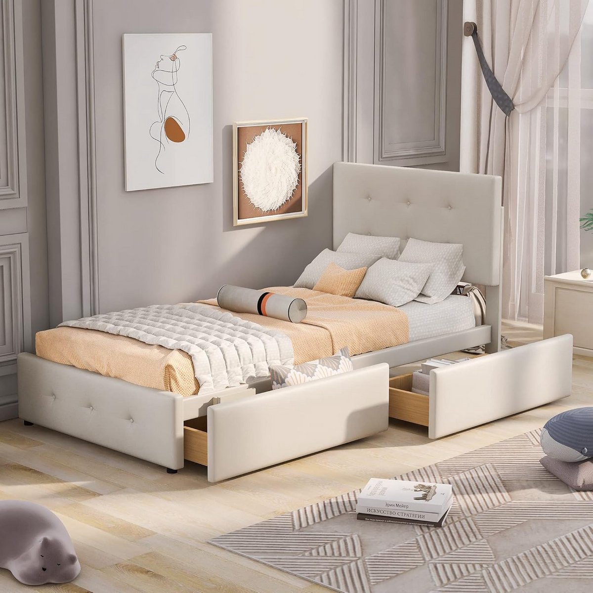 Eenpersoonsgestoffeerd bed met lattenbodem en laden, 90x200 cm, in hoogte verstelbaar hoofdeinde, fluweelbekleding (beige)