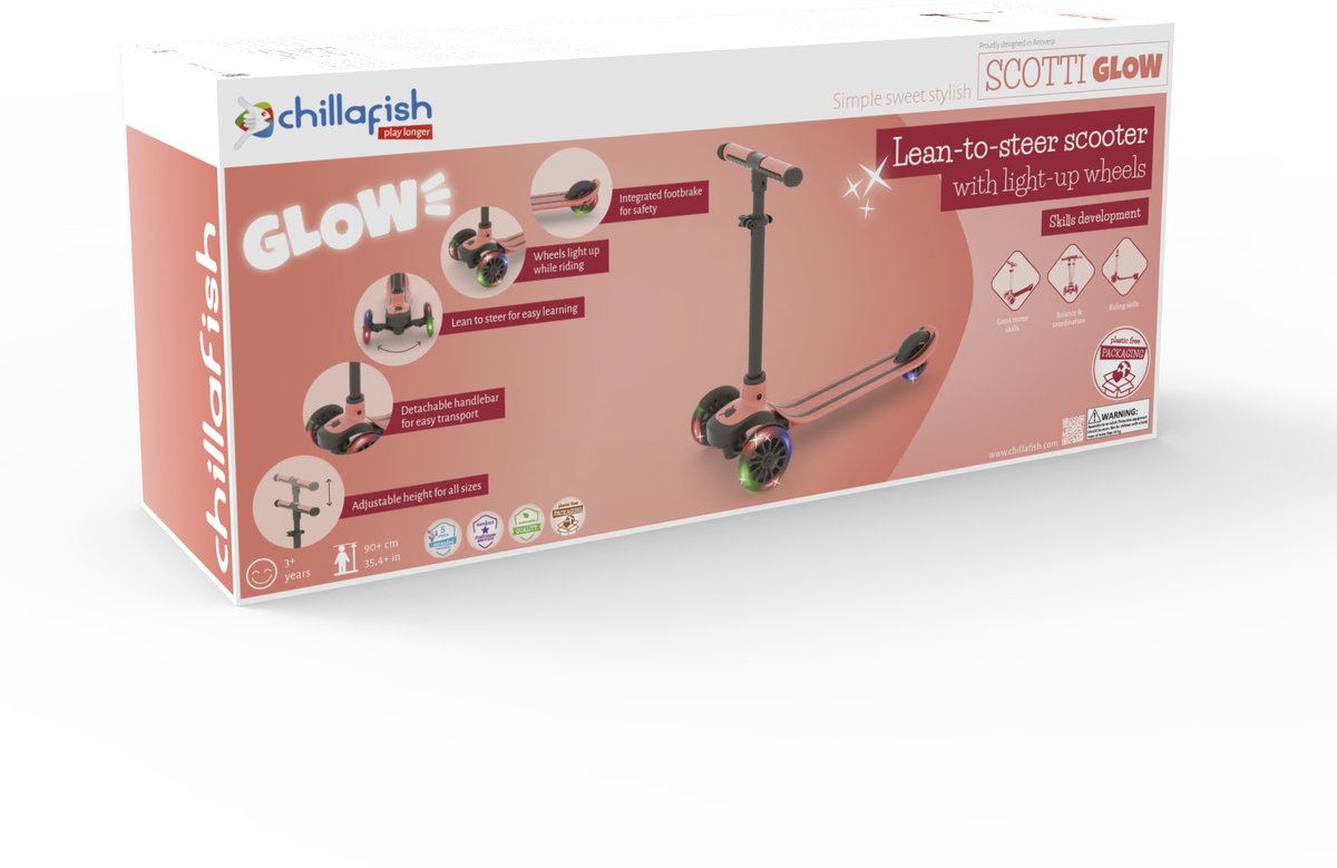 Chillafish Kinderstep 3 Jaar met drie LED wielen - Roze - Lichtgewicht Glow step meisjes met afneembaar stuur en voetrem - Aanpasbaar in hoogte - Leun-om-te-sturen - Extra grip handgrepen - Geen batterijen nodig - Model Scotti Glow 3 — afbeelding 5