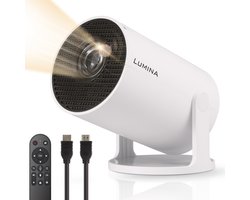 Lumina® Pro Mini Beamer 2025 – Smart Projector met 4K-ondersteuning – Voor iOS & Android - Android 14 - WiFi 6 & Bluetooth 5.4 – Thuisbioscoop – Wit