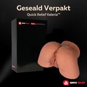 Quick Relief Valeria masturbator naast een zwarte verpakking met merklogo.