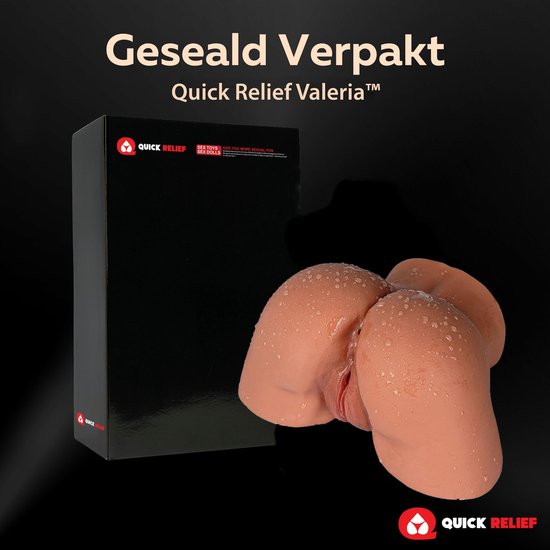 Quick Relief Valeria masturbator naast een zwarte verpakking met merklogo.