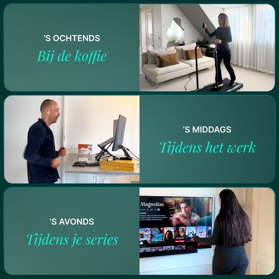 Collage van drie momenten: 's ochtends bij de koffie, 's middags tijdens werk, 's avonds tijdens series. Mensen gebruiken de loopband.