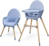 Lichtblauwe Kinderstoel en speelfauteuil met houten poten, naast elkaar tentoongesteld.