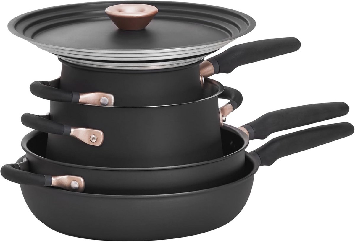 Inductie Kookplaat Pan Set - 6 Stuk Stapelbare Potten en Pannen Set met Anti Spill Vorm