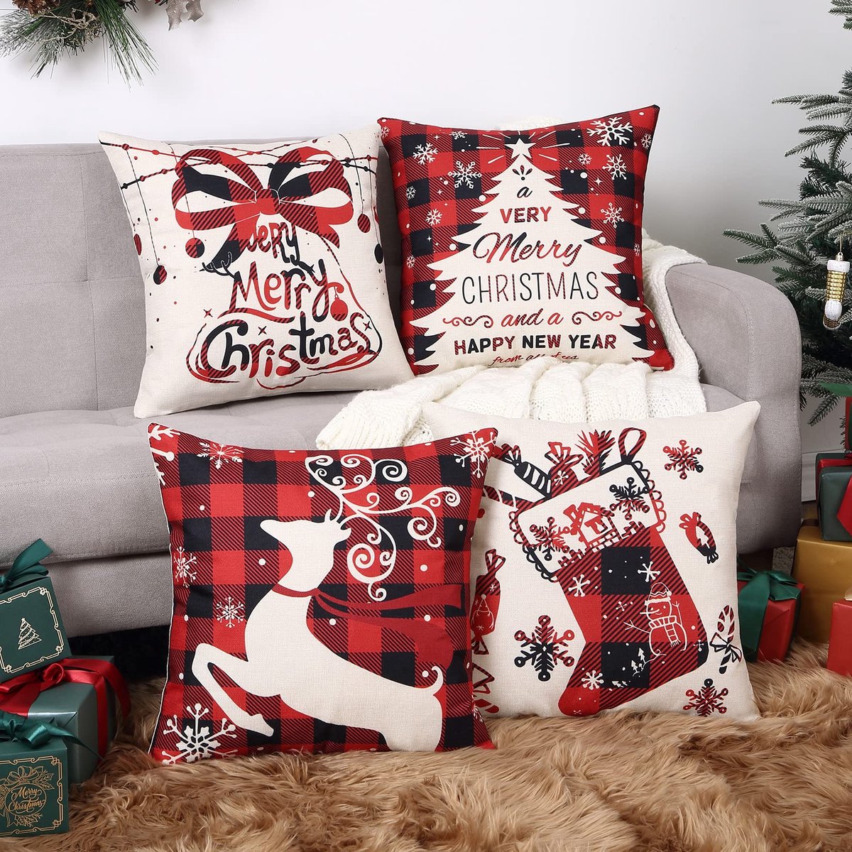 Unyqoos Set van vier rode kerstkussenslopen met klassieke kerstmotieven Kerstsokken
