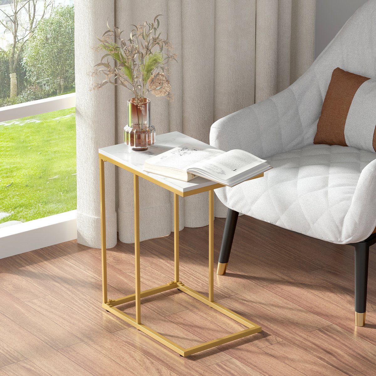FATIVO Bijzettafel - C-Vormige Koffietafel - Metaal Frame - Witte Marmerlook - 45x30x54.6cm - Salontafel voor Woonkamer en Slaapkamer