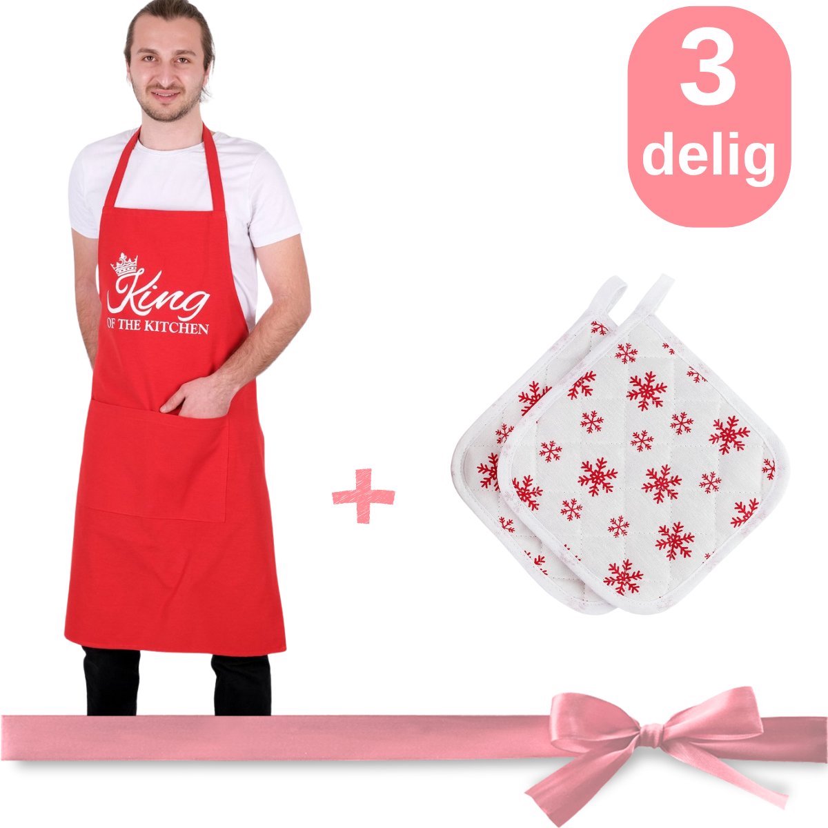 Feestelijke Keuken Set - Keukenschort - King of The Kitchen - Rood - 65 x 95 cm - met 2 Pannenlapen Sneewvlokken Patroon - 3 Delig Cadeaupakket - sneeuwvlok Hittebestendige Pannenlappen 2 Stuks Hittebestendige Pannenlapset Katoen | Rood, Wit