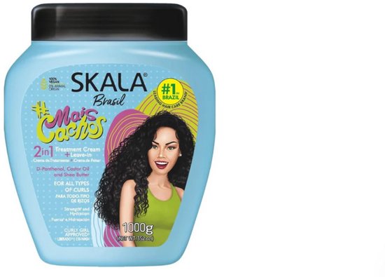 Bocal bleu clair avec texte 'SKALA Mais Cachos 2in1 Treatment Cream + Leave-in', pour tous types de boucles, avec image d'une femme aux cheveux bouclés.