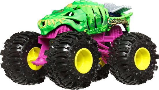 Groene dinosaurus monster truck met paars chassis, gele velgen en grote zwarte banden.