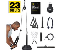 Zoluko Home Fitness Kabelsysteem 23-delige set - Incl. E-book - Krachtstation voor Thuis Sporten - Incl. Triceps Touw, Biceps Stang en Handgrepen - 100kg Draagkracht - Eenvoudige Bevestiging - Krachttraining - Lat Pulley - Home Gym - Zwart/Zilver