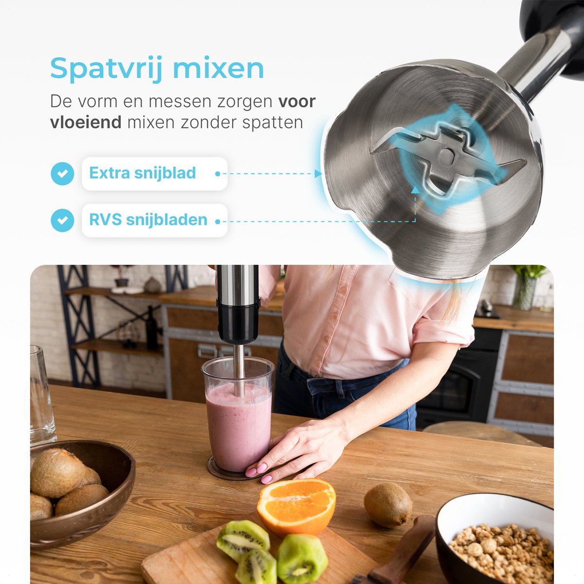 Goodforce 7 delige Staafmixer set – Inclusief Hakmolen, garde, melkopschuimer, klopper & Maatbeker – krachtig & vaatwasserbestendig – 12 snelheden + turbofunctie – 1000W – PFAS-vrij – foto 3