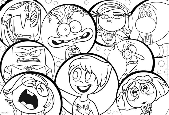 Zwart-wit tekening van Inside Out 2 karakters in cirkels
