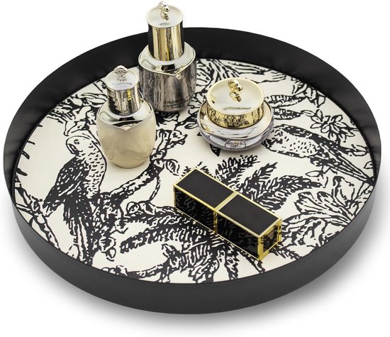 Plateau décoratif rond - plateau en métal et cuir - diamètre 25 cm - plateau vintage noir pour parfums - cosmétiques - produits de soins de la peau - bijoux - montres - clés - etc.