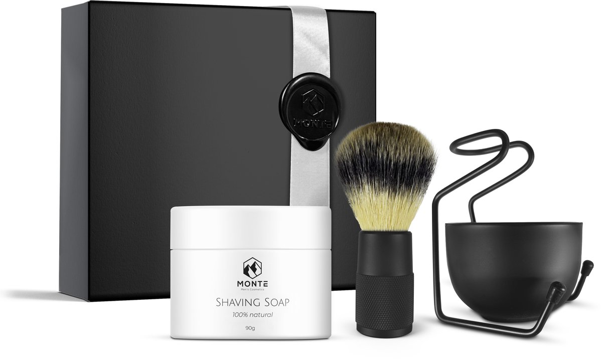 MONTE - Scheerset Giftset M - 4-delig - Scheerzeep, Scheerkwast, Kom & Houder - Vegan - 100% natuurlijk - Shaving Brush - Shaving Soap - cadeau voor hem man