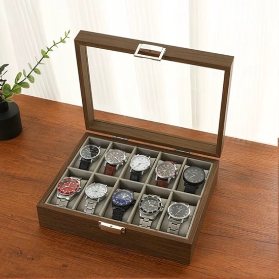 Houten horlogedoos met glazen deksel, open, toont 10 horloges op grijze kussens.