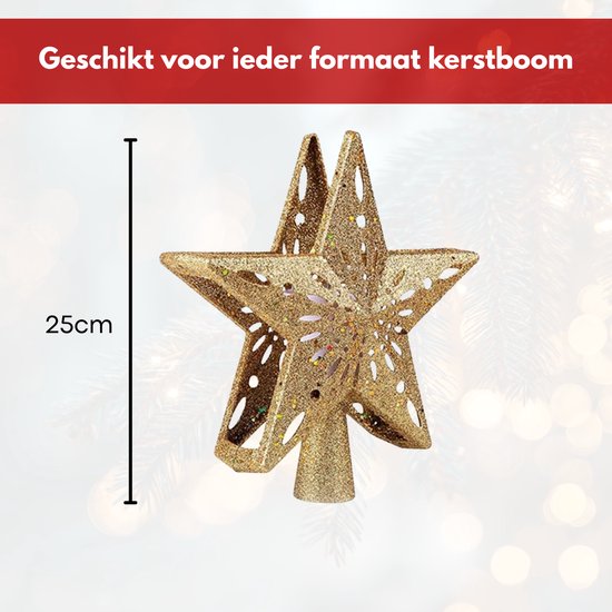 Gouden, sprankelende kerstboomster met gesneden patroon, 25cm hoog.