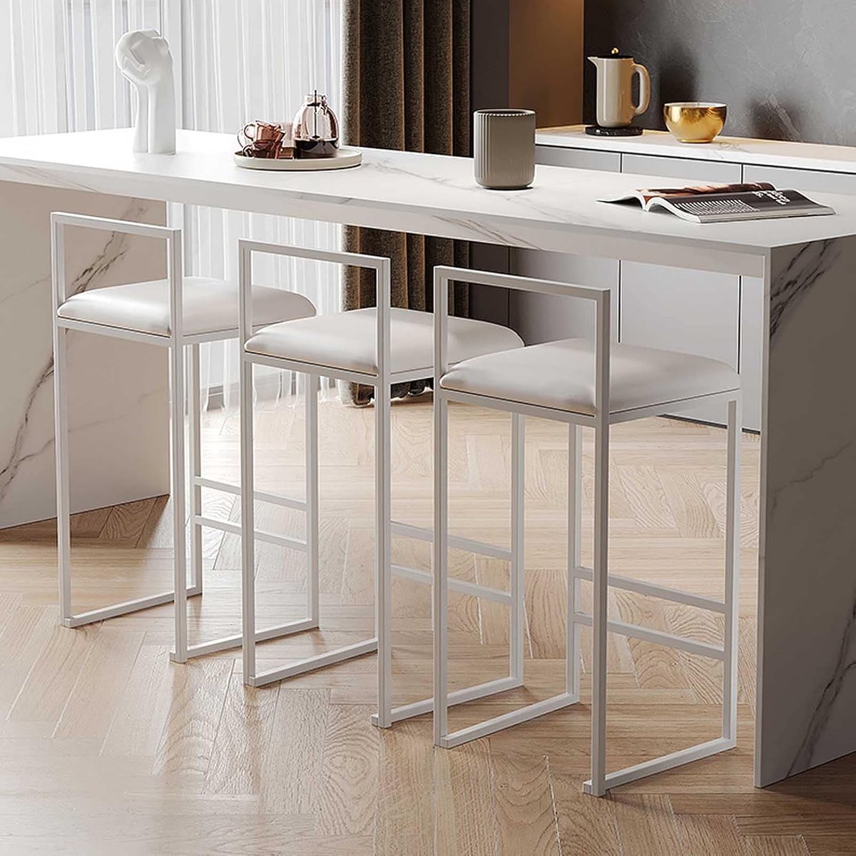 Metalen Barkrukken Set van 2 - Luxe Witte Hoge Barkrukken met Rugleuning & Voetsteun - Comfortabele PU Lederen Zitting - 65 cm Keuken Barkruk voor Eiland, Bar & Ontbijtbar - Stabiel, Duurzaam & Ergonomisch