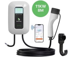 Laadpaal 11 kW (3-fase) | Type 2 | 8 meter kabel | 16A | IP66 waterdicht | Wit | App-bediening | Inclusief RFID-kaarten