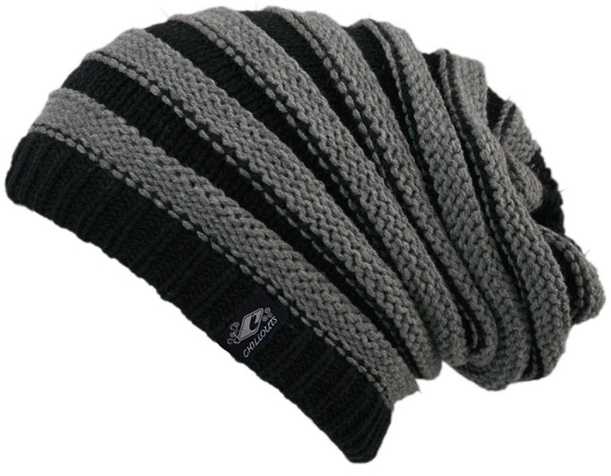 Chillouts long beanie muts Brian striped black grey