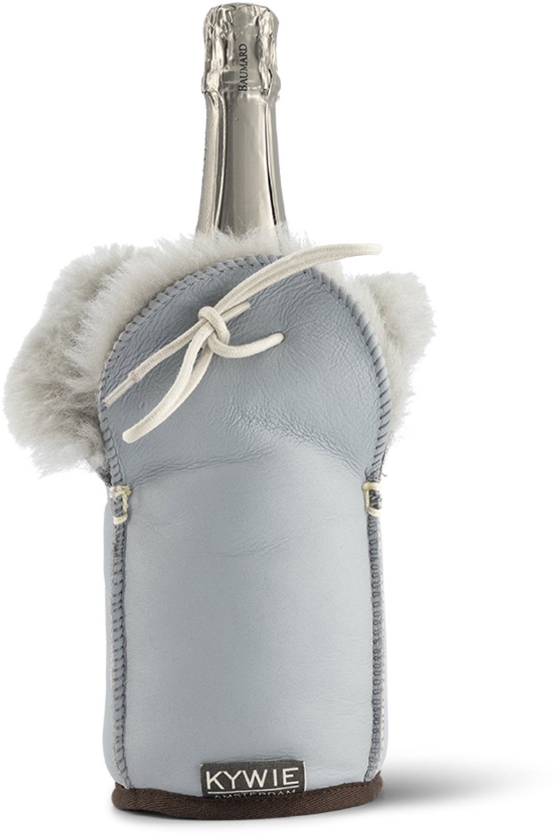 Kywie ® champagnekoeler van schapenvacht – wijnkoeler - 100% natuurlijk – 0,75l – temperatuurbehoudend - vlekbestendig - geschikt voor champagne, wijn, bourgogne, waterflessen - Grijs Napa