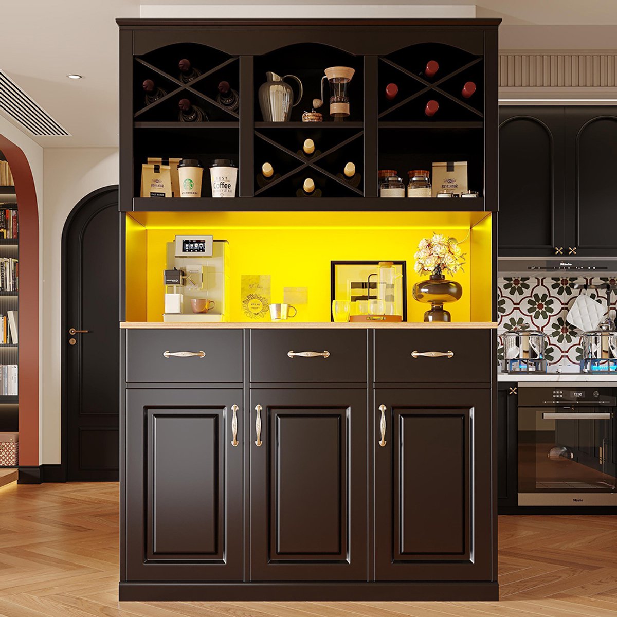 BLACKCOLORS - Hoge Keukenkast - Multifunctionele Buffetkast en Snackkast - Opbergmeubel met 3 Deuren, 3 Lades en LED-verlichting - Zwart