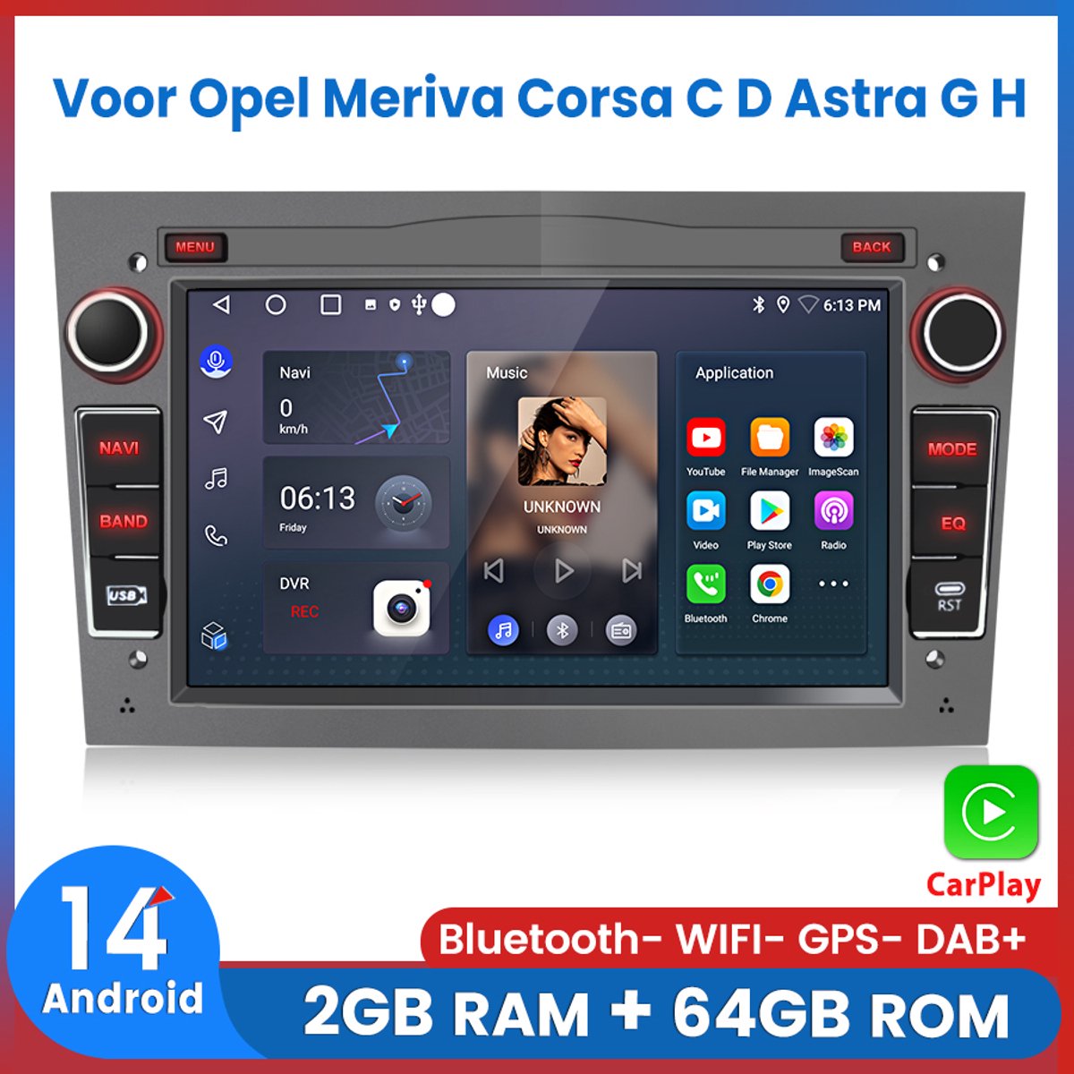 Awesafe Autoradio - Geschikt Voor Opel Meriva Corsa C D Astra G H - Draadloos Apple Carplay & Android Auto - Android 14 - Radio met navigatie - 7 inch HD touchscreen - Ram 2GB + Rom 64GB - Grijs