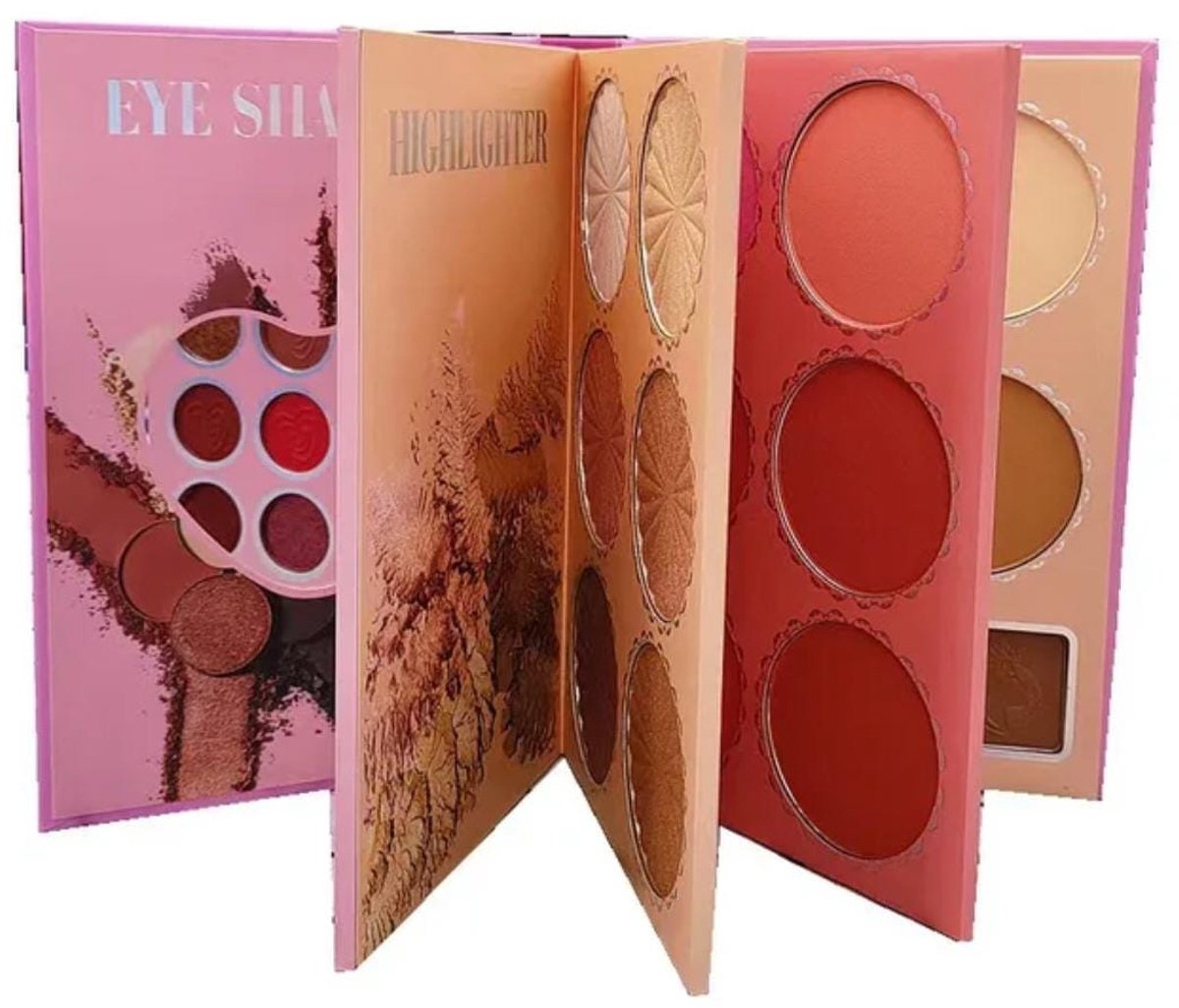 Oogschaduw - - Prachtig Make-up Boek 4-in-1 met 4 Paletten – 24 Oogschaduws, 6 Highlighters, 6 Blushes, 4 Compact Poeders + 3 Wenkbrauwpoeders –Spiegel- Professionele Make-up, Hoge Pigmentatie, 100% Vegan & Dierproefvrij – Het Perfecte Cadeau