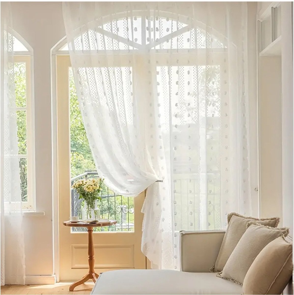Bloemenprint transparante pompon boho Franse landelijke cottage gordijnen voor slaapkamer, wit,roedezakken,140x270cm