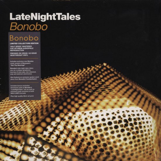 Albumhoes met tekst "LateNightTales Bonobo Limited Collector's Edition" en abstract gouden patroon.