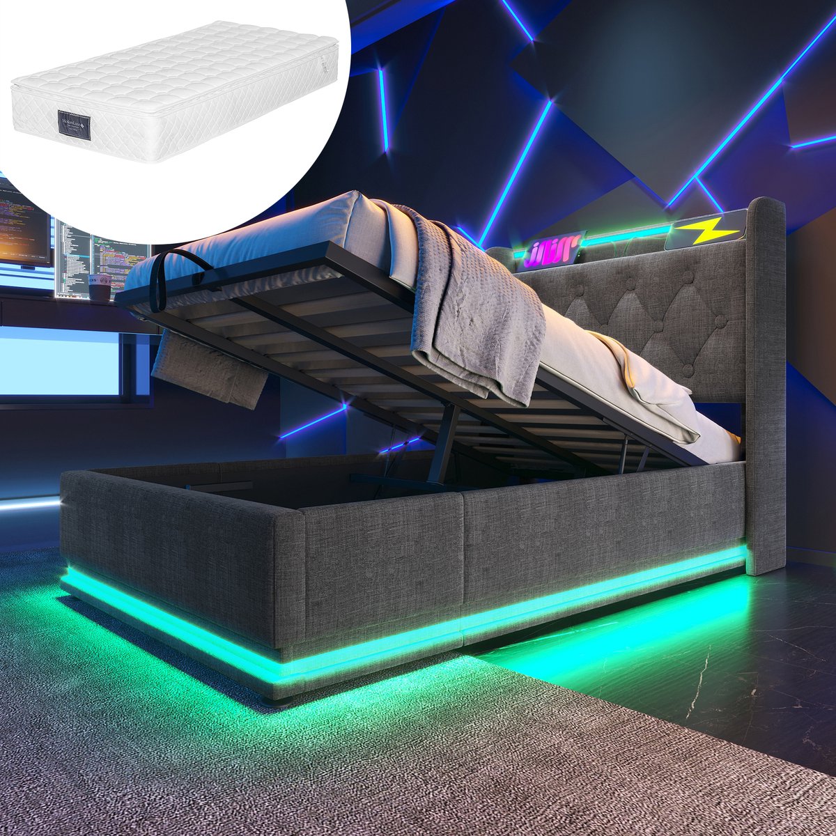 Eenpersoonsbed 90x200 cm - Lattenbodem & Matras Inclusief - 360° Surround LED-verlichting - Hydraulische Opbergruimte - USB-C Oplader - Grijze Linnenstof - Robuust Stalen Frame